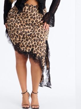 Leopard Lace-Trim Asymmetric Midi Skirt